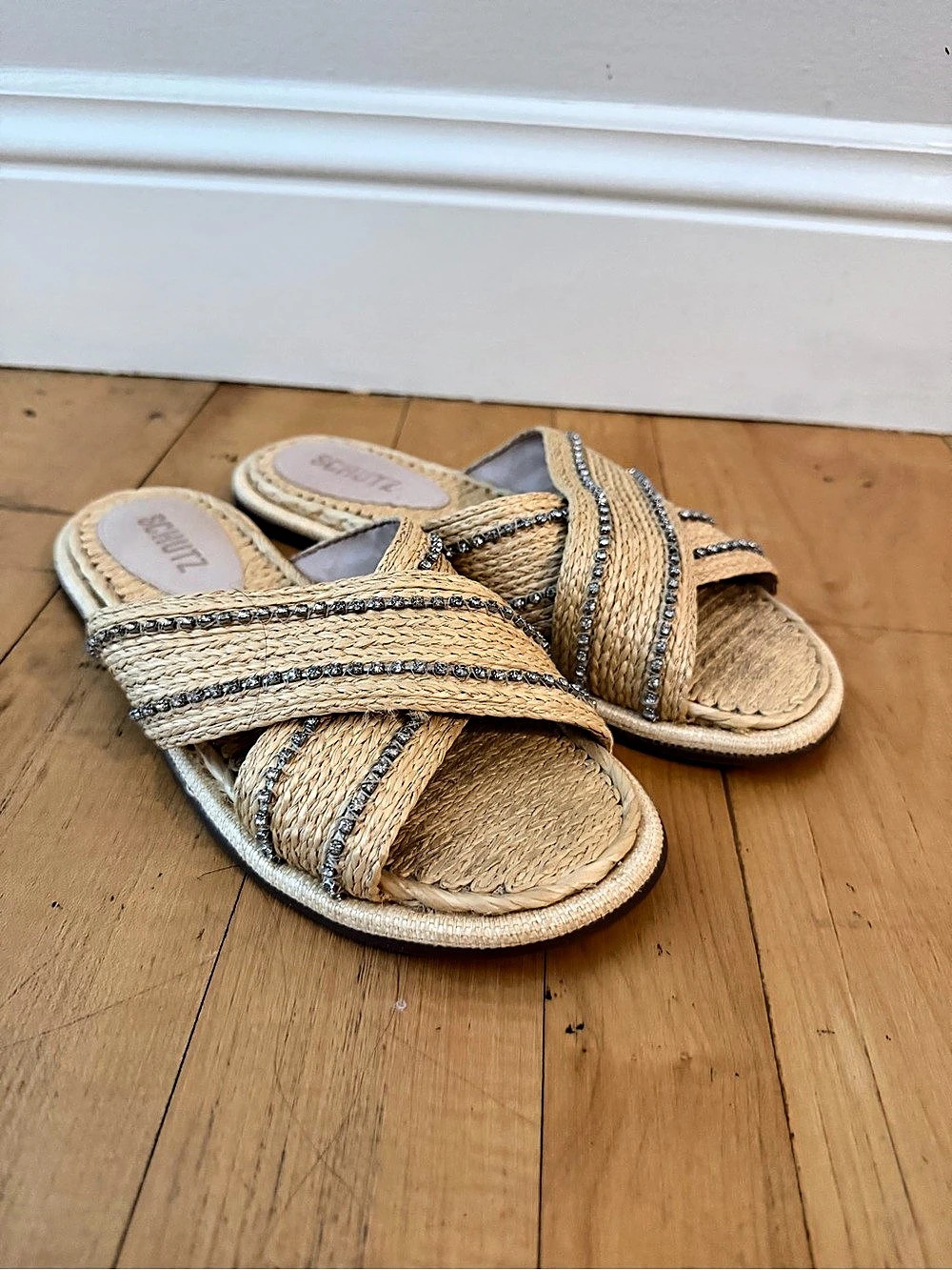 Schutz Raffia Rhinestone Slide Sandals Size 7 - Picture 4 of 5